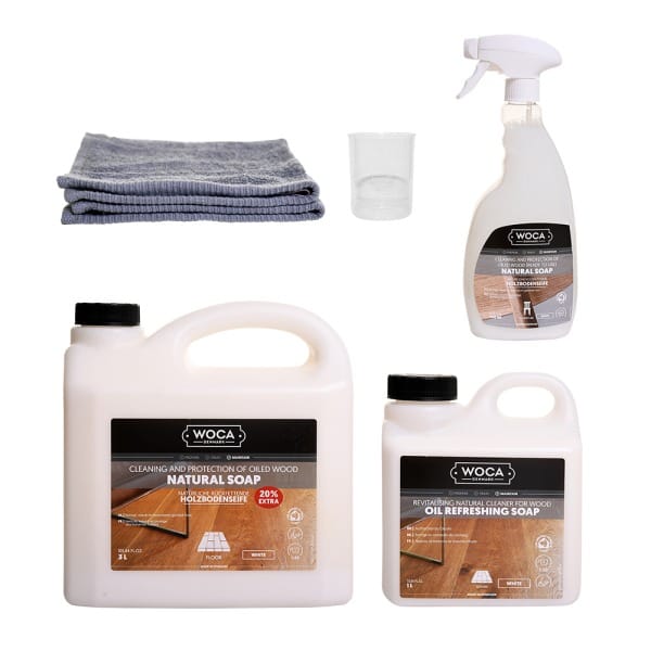 All In One Pflegepaket 3L Seife + 1L Öl Refresher + 0.75L Seifen Spray + Gratis Baumwolltuch & 1DL Dosierbecher Weiss